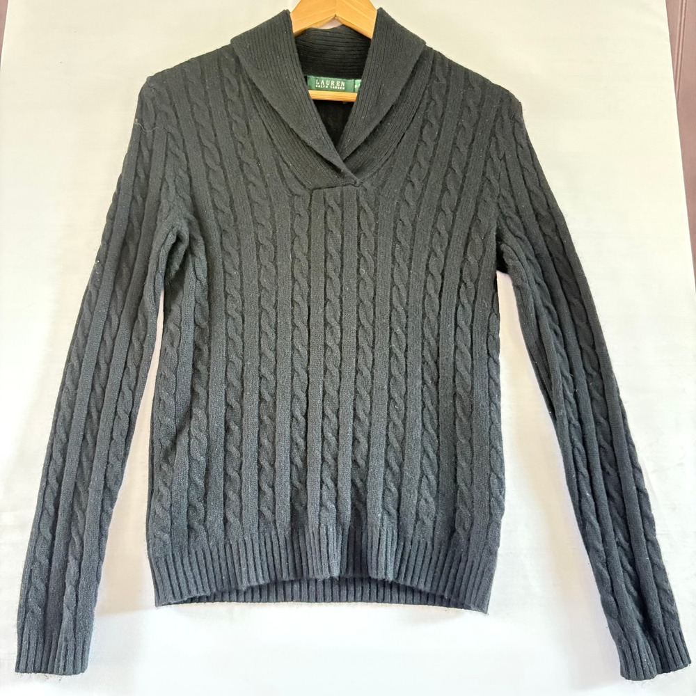 Lauren Ralph Lauren Black 100% Cashmere Cable Knit Shawl Collar Sweater XS